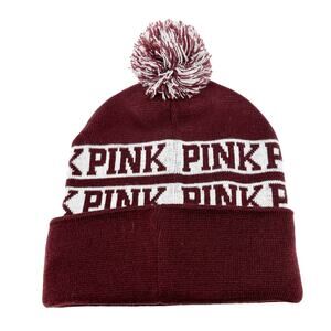 Victoria's Secret‎ Womens PINK Pom Pom Knitted Beanie Winter Cap Hat Burgundy
